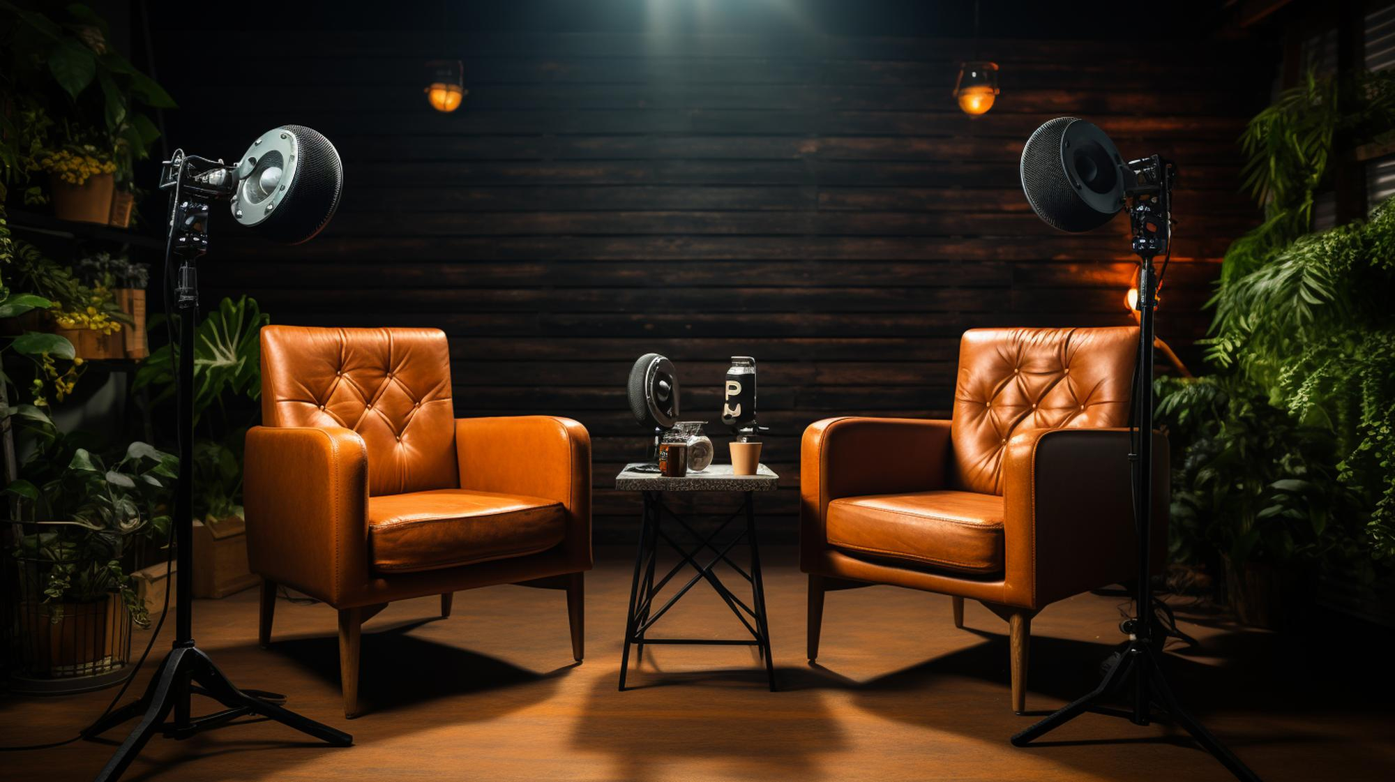 Two leather armchairs face each other with a small table between them, holding coffee cups and a microphone. Two ring lights are set up for recording, and the background is dark wood with some plants on the sides.